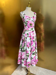 Pink Peony Print Floral Print Cotton Bustier Top And Pleated Skirt Set