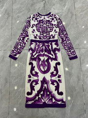 Luxury Silk Midi Dress for Women – Purple Porcelain Print | 100% Silk A-Line Summer Dress