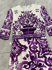 Luxury Silk Midi Dress for Women – Purple Porcelain Print | 100% Silk A-Line Summer Dress