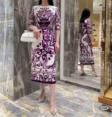 Luxury Silk Midi Dress for Women – Purple Porcelain Print | 100% Silk A-Line Summer Dress