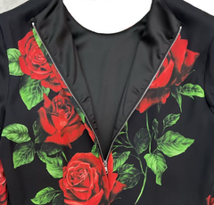 Red Roses Silk Midi Dress with Long Sleeves
