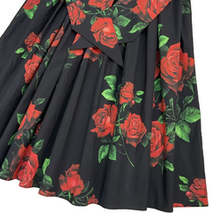 Red Roses Cotton Midi Dress with Bow Belt