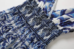 HIGH QUALITY Summer Holiday Women Maxi Dress With V-Neck Elastic Waist Blue And Porcelain Print For Party
