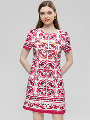 Summer Fashion Runway Vintage Loose Dress Women's O-Neck Short Sleeve Beading Diamond Print Buttock Covering Mini Dress