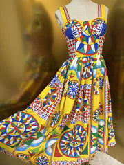 High Quality Designer Summer Beach Women's Bohemia Cotton Multicoloured Print Crumple Slim Fit Midi Dress