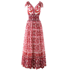 HIGH QUALITY Summer Holiday Women Maxi Dress With V-Neck Elastic Waist Blue And Porcelain Print For Party