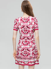 Summer Fashion Runway Vintage Loose Dress Women's O-Neck Short Sleeve Beading Diamond Print Buttock Covering Mini Dress