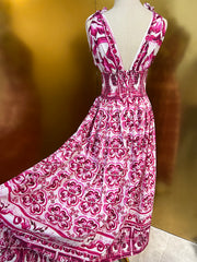 Fashion Designer Spring Summer Cotton Dress Women V-Neck Sleeveless Bow Flowers Print Vintage Elastic Waist Dresses