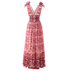 HIGH QUALITY Summer Holiday Women Maxi Dress With V-Neck Elastic Waist Blue And Porcelain Print For Party