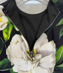 Italian Luxury Designer White Roses Print Long Sleeve 100% Silk Midi Dress – Elegant Women's Spring Summer Dress