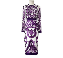 Italian Luxury Purple Majolica-Inspired Print 100% Silk Midi Dress for Women
