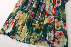 Women Flora Print Long Cape Sleeve Fit-&-Flare Chiffon Silk Gown Maxi Evening Dress