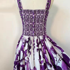 Italian Purple “Majolica-Inspired” Tile Print 100% Cotton Sleeveless Maxi Dress – Elegant Summer Vacation Women’s Dress