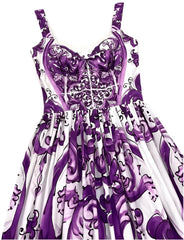 Italian Purple “Majolica-Inspired” Tile Print 100% Cotton Sleeveless Maxi Dress – Elegant Summer Vacation Women’s Dress