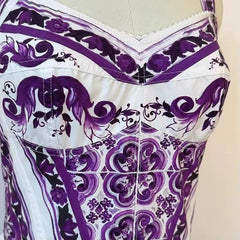 Italian Purple “Majolica-Inspired” Tile Print 100% Cotton Sleeveless Maxi Dress – Elegant Summer Vacation Women’s Dress