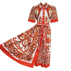 Orange Majolica Cotton Midi Shirt Dress | 2026 Luxury Designer Inspired Italian Ceramic Print Belted Midi Dress | 100% Cotton Vacation Resort Wear