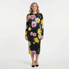 Long Sleeve Silk Midi Dress in Floral Rose Print