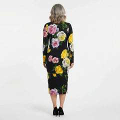 Long Sleeve Silk Midi Dress in Floral Rose Print
