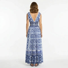 Blue Majolica Chiffon Maxi Dress with Bow Straps