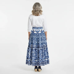 OUTLET: Majolica Porcelain Blue Tiles print 100% cotton skirt, SIZE L