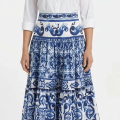 OUTLET: Majolica Porcelain Blue Tiles print 100% cotton skirt, SIZE L