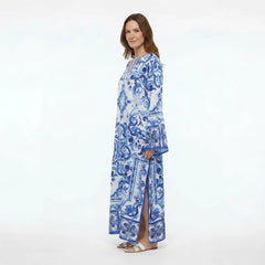 Italian Blue Majolica print maxi Kaftan dress