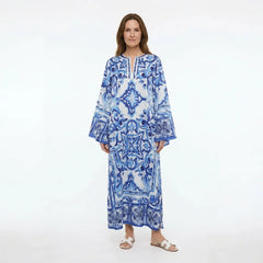 Italian Blue Majolica print maxi Kaftan dress