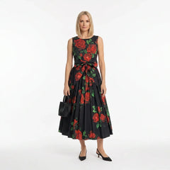 Red Roses Cotton Midi Dress with Bow Belt