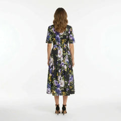 Italian Summer Black Floral Cotton Midi Shirt Dress