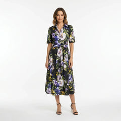 Italian Summer Black Floral Cotton Midi Shirt Dress