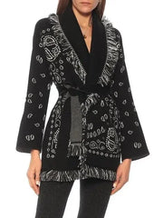 Fringed Bandana Cashmere Cardigan, Black
