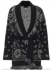 Fringed Bandana Cashmere Cardigan, Black