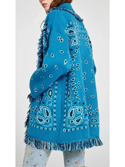 Fringed Bandana Print Cardigan, Blue