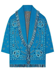 Fringed Bandana Print Cardigan, Blue