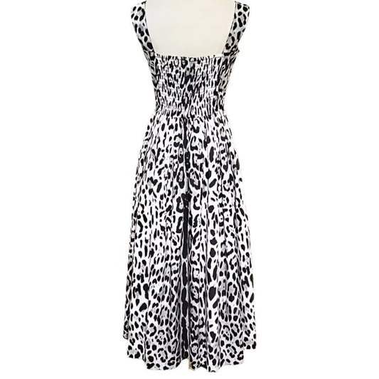Cotton midi summer dress in grey leopard print