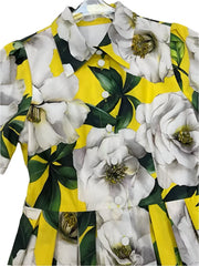 Cotton floral yellow shirt midi dress in white magnolia print
