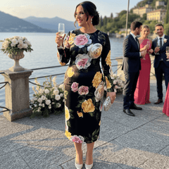 Long Sleeve Silk Midi Dress in Floral Rose Print
