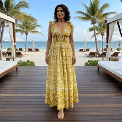 Yellow Majolica print maxi cotton dress with bows