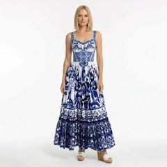Blue Majolica print maxi cotton dress