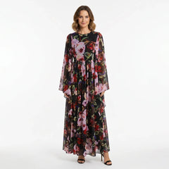 Black Floral maxi chiffon dress with flared sleeves
