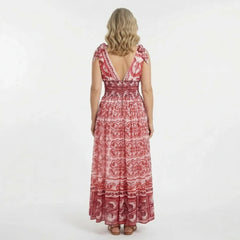 Red Majolica Chiffon Maxi Dress with Bow Straps
