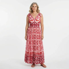 Red Majolica Chiffon Maxi Dress with Bow Straps