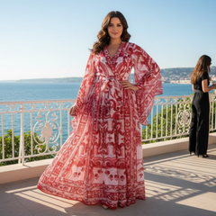 Red Majolica print Flared sleeves chiffon maxi dress