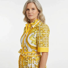 Yellow Majolica print cotton midi shirt dress
