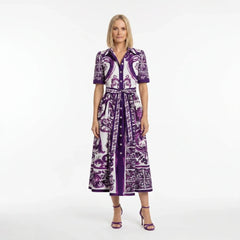 Purple Majolica print midi cotton shirt dress