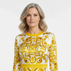 Yellow Majolica print long sleeve silk midi dress