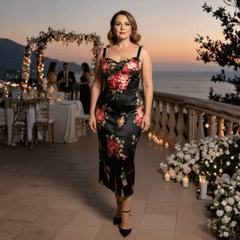 Midnight Roses Pure Silk Lingerie-Style Midi Dress