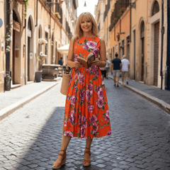 Orange cotton midi floral dress with low back
