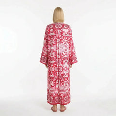 Red Majolica Porcelain print maxi Kaftan dress