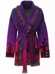 Purple Desert Landscape Belted Knit Cardigan